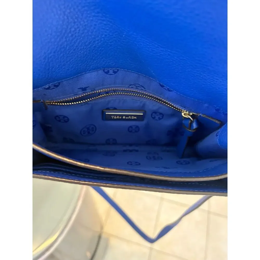 Tory Burch Bombe T Combo Crossbody Bag Royal Blue Pebbled Leather Clutch Flap
